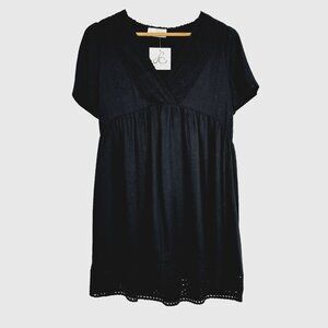 JAMES Dress Eyelet Trim  Linen Blend Black V Neck Pockets LBD‎ Classic NEW